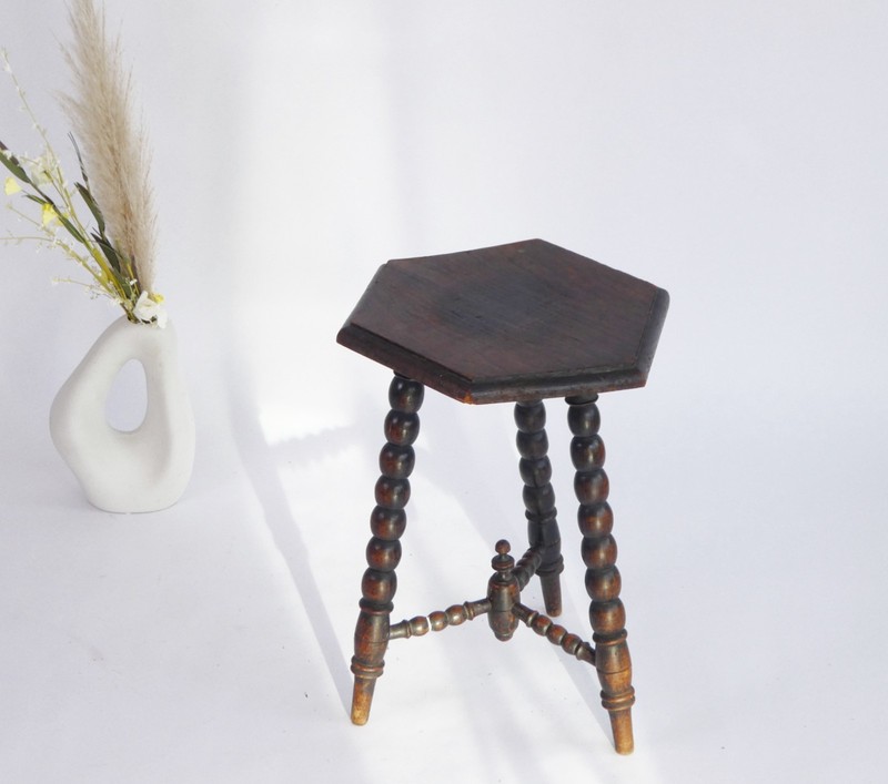 Antique Turned Hexagonal Side Table, Wooden Bobbin Plant Stand, Farmhouse Decor
