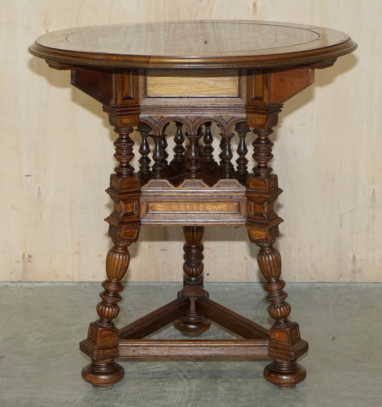 ANTIQUE VICTORIAN AESTHETIC MOVEMENT CARVED OAK ELM & MARBLE OCCASIONAL TABLE gallery