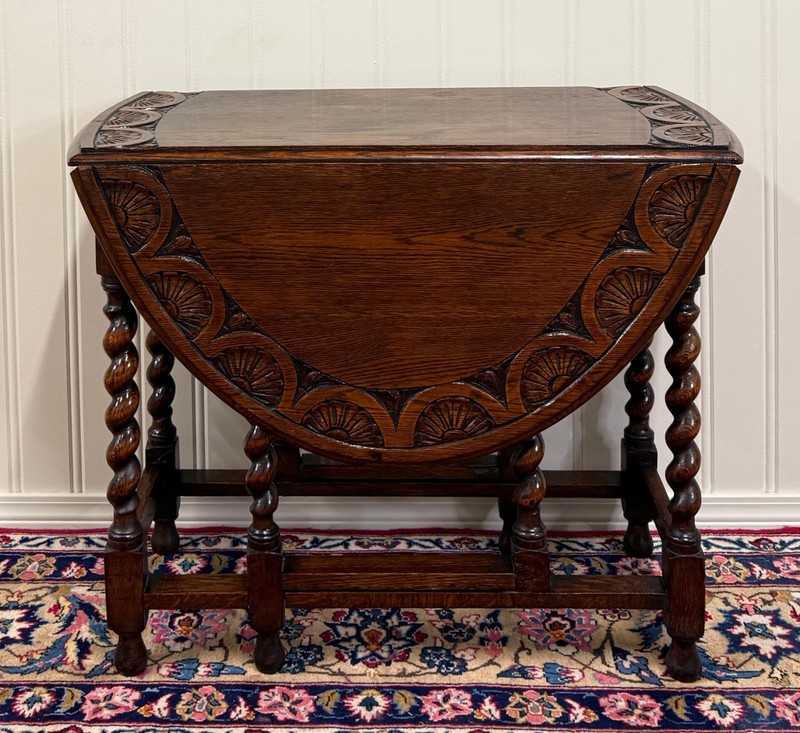 Antique English Table Drop Leaf Gateleg CARVED TOP Barley Twist Oak c. 1920-30s gallery