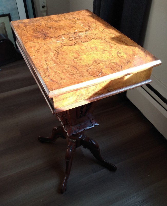 VICTORIAN SEWING TABLE, IN WALNUT. ENGLISH c 1890. AS IS gallery