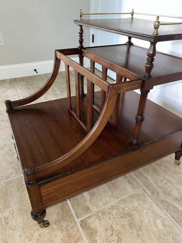 Mid-Century John Scalia Mahogany Canterbury Magazine Rack & Caster Wheels gallery