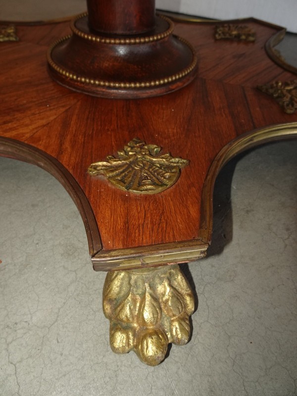 French Louis XVI Burl Marquetry Side Table Sun Burst Design w Brass Claw Feet gallery