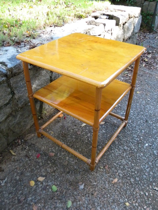 Heywood Wakefield, side table, oak, rattan, 1950s gallery