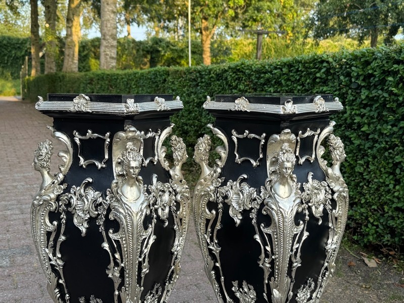 Pedestals display stands Italian Baroque Black Silver Marble Top Pair XL 43in gallery