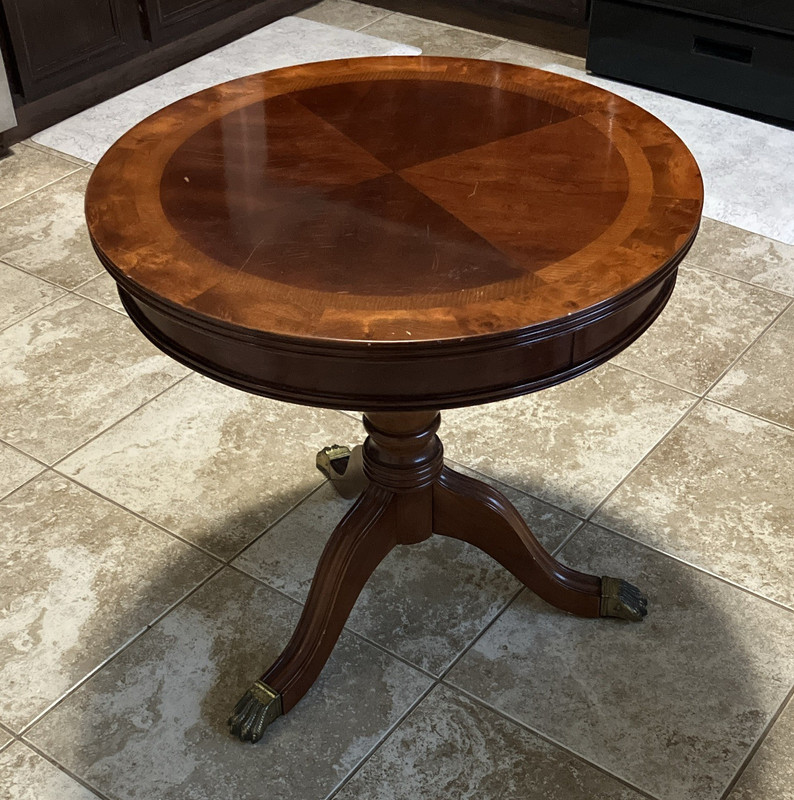 Antique Traditional Round Wood Side Table Brass Feet Single Pedestal Carvings