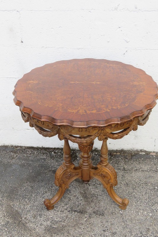Early 1900s French Inlay Carved Burlwood Side End Center Table 6226