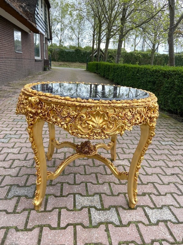 Table Italian Baroque Gold Carved Base with Original Black Marble Top Vintage gallery