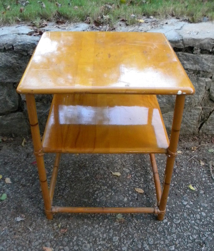 Heywood Wakefield, side table, oak, rattan, 1950s gallery