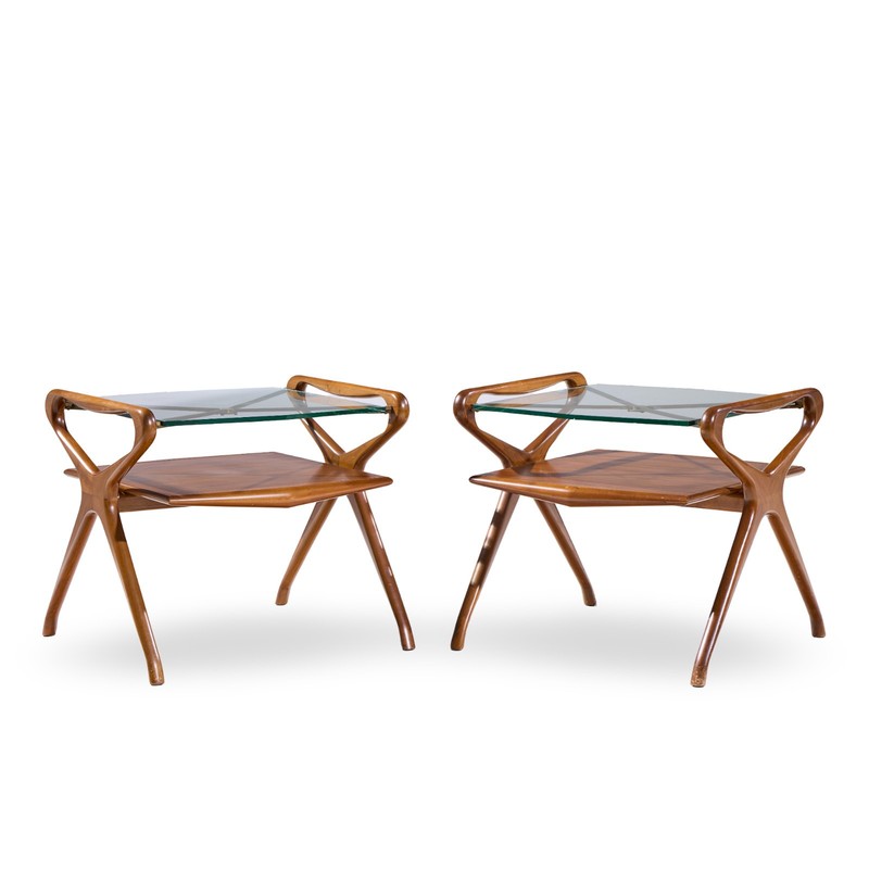 Cesare Lacca Style Mid Century Italian Walnut and Brass Side Tables – Pair