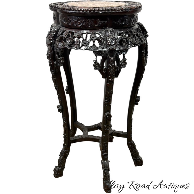 Antique carved rosewood Chinese plant fern stand pedestal marble top table stand gallery