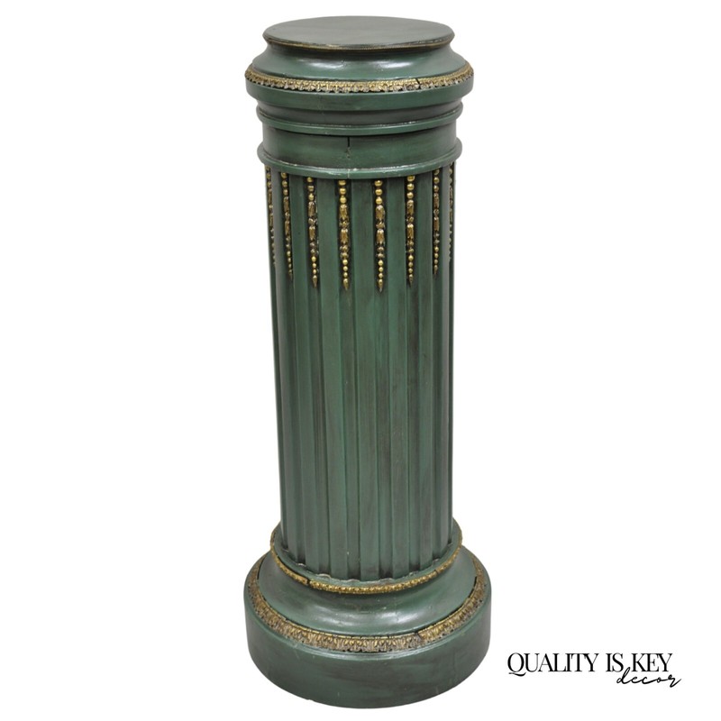 Antique French Louis XVI Style Green & Gold Painted Wooden Column Pedestal