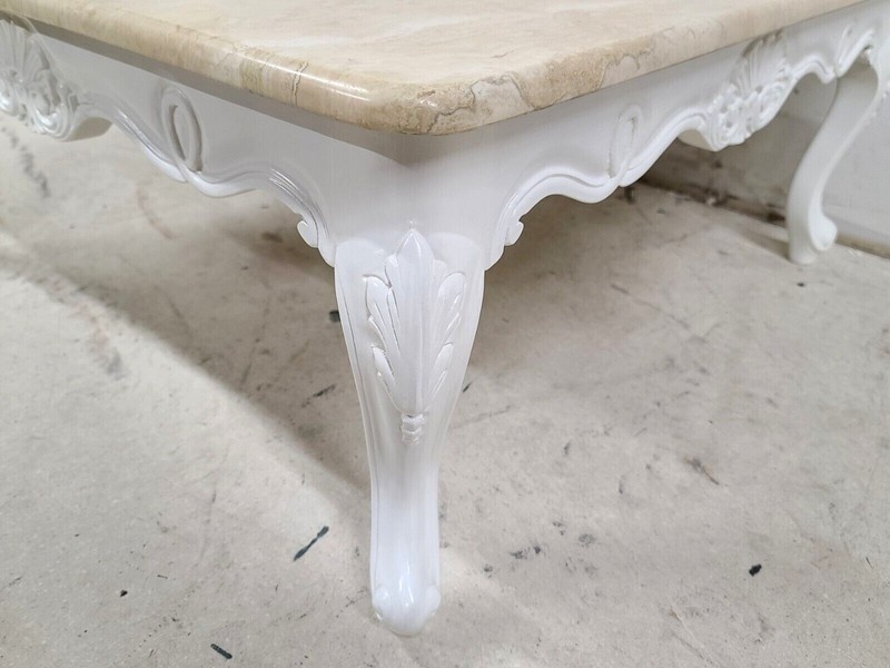French Provincial Travertine Marble & Wood Cocktail Coffee Table gallery