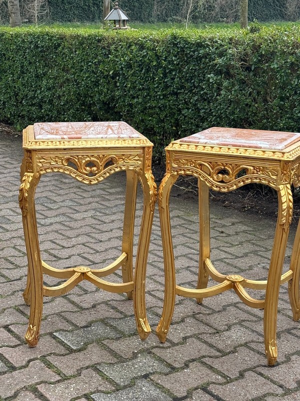 Side Tables French Louis XVI Pink Marble Gold Beech 1970 Vintage Pair 2 Pieces gallery