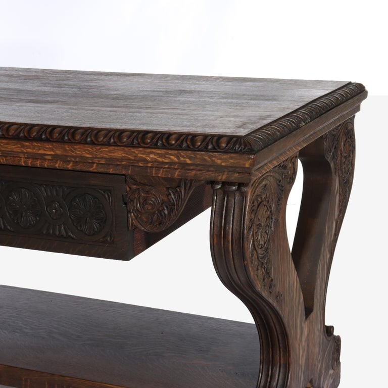 Antique Arts & Crafts Carved Oak Trestle Library Table C1910 gallery