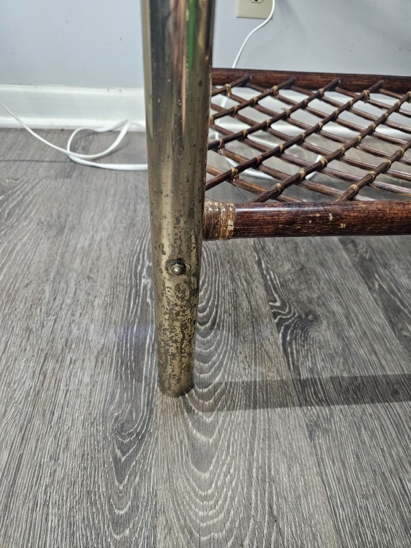 Vintage Bohemian Cane Wood Rattan Bamboo Side Table Brass Legs Glass Top W/ Back gallery