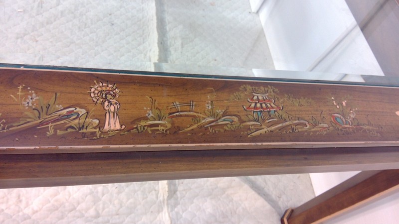 Mid Century Asian Dining Table 102" long Glass paneled top hand painted gallery