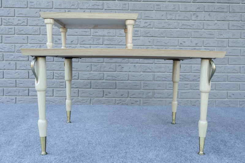 Mid Century Modern Blonde & Gold Tone Modular Two Tier Coffee End Table - 30" gallery