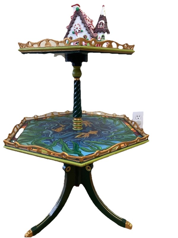 Gold And Blue Muti Color handpainted 2 layers antique table with animal footed