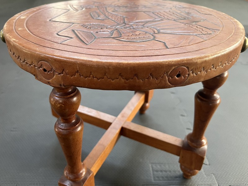 Mid Century Peruvian Antique Emmbossed Leather South American Stool Llama gallery