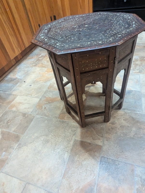Antique Octagonal Coffee End / Table Bone Inlay Inlaid Moroccan Indian Folding gallery