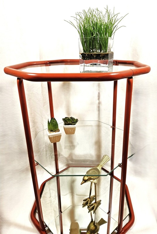 Fully Restored Brick Red Brass Glass Mirror 3 Tier Etagere Shelf Unit C. 1960s gallery