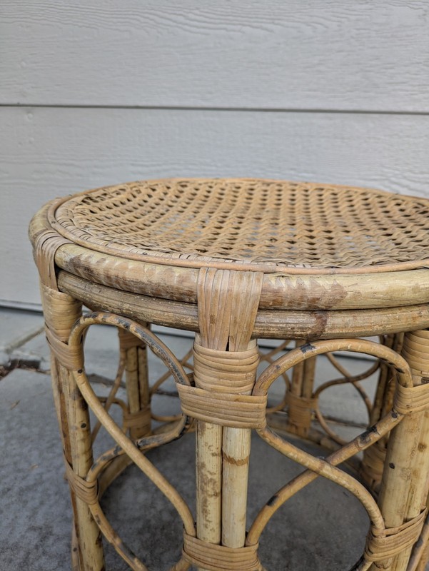 Vintage Asian Boho Chic Bamboo Rattan Cane Round Side Table Plant Stand Stool gallery