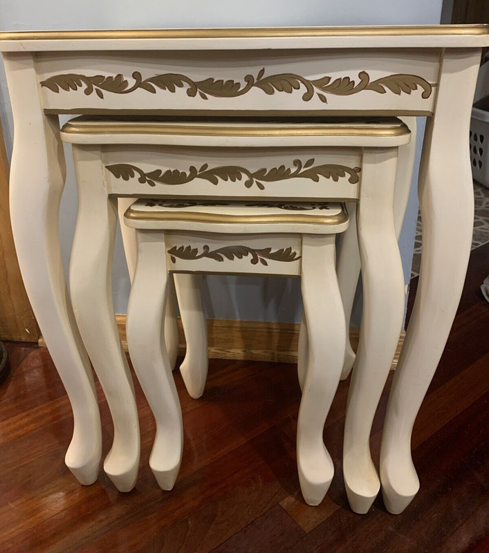 3 Piece Vintage Nesting Tables Cream & Gold Traditional Mid Century Modern gallery