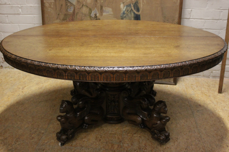 Large Antique French Renaissance Hunt Carved Round Table With Carved Animals