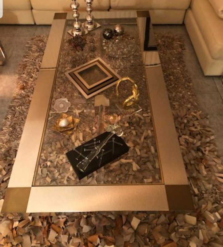 SUPERB STAINLESS STEEL , BRASS AND LUCITE RECTANGULAR COFFEE TABLE gallery