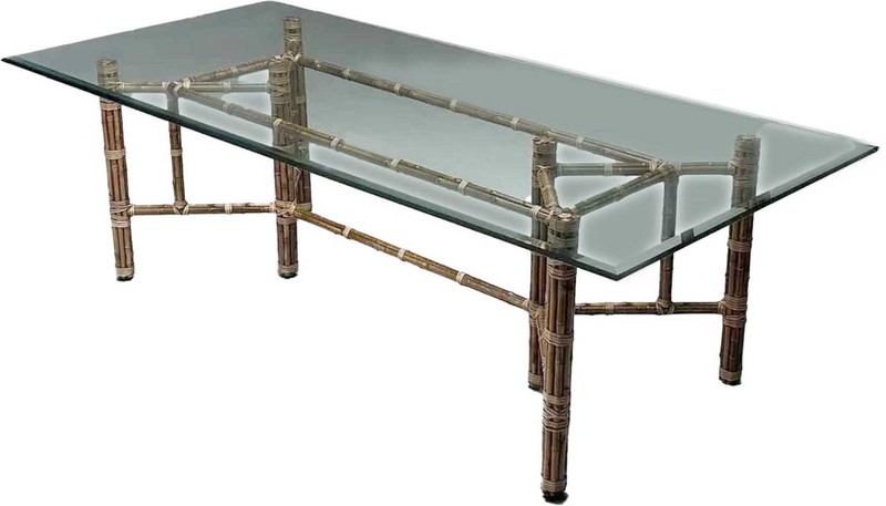 Mid Century Hollywood Regency Rectangular Bamboo Dining Table by McGuire With Gl