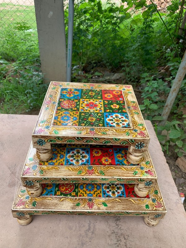 White HandMade Wooden Chowki Set Embossed Antique Design Wooden Table Low Stool gallery