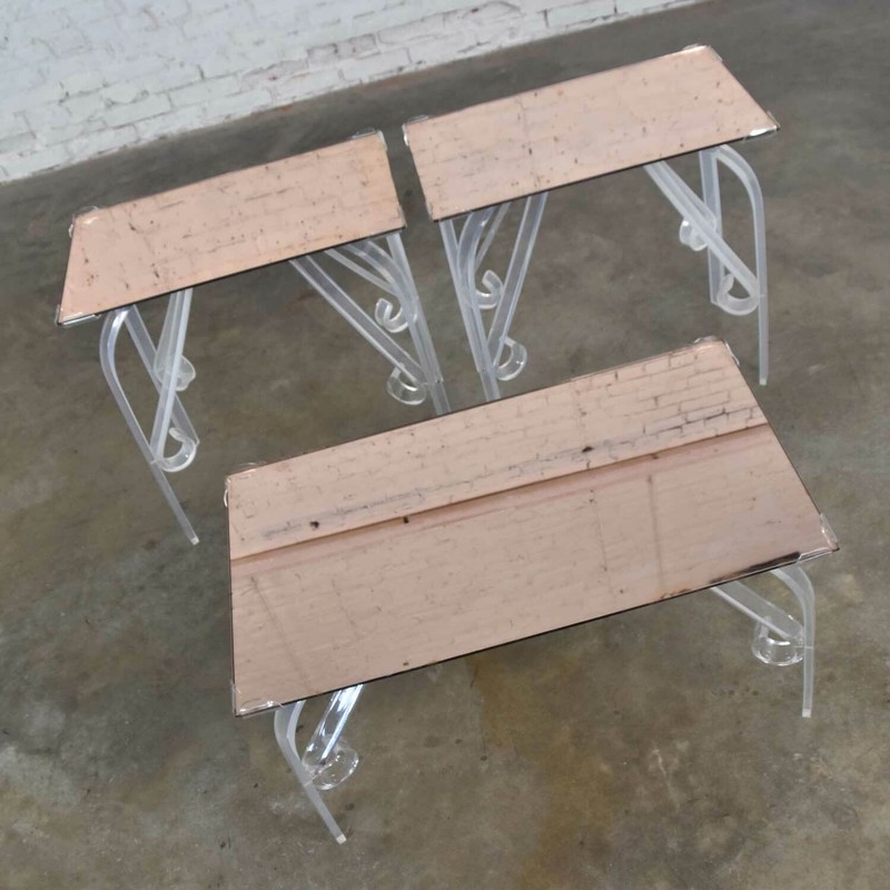 Hollywood Regency Art Deco Lucite & Rose Mirrored Tables a Set 1 Coffee & 2 End