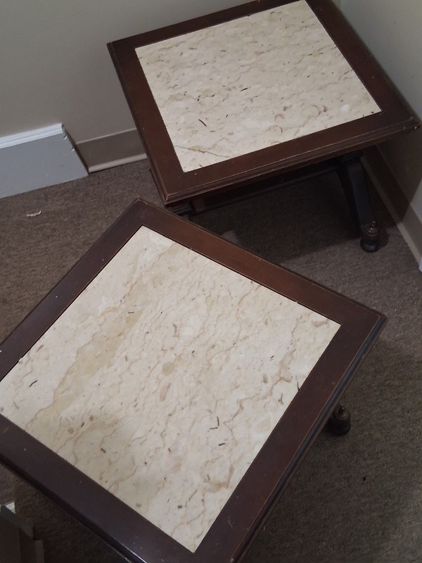 Pair Of Mid Century Walnut Marble Top Side Table / End Table gallery