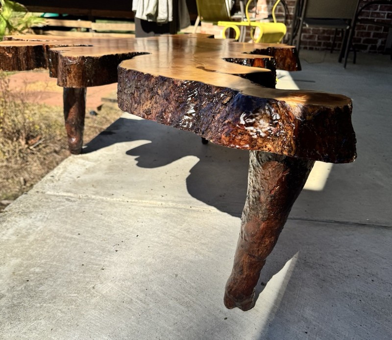 FOLK ART, VINTAGE CYPRUS LIVE EDGE TABLE EXPERT RESTORATION COPPER INLAY gallery