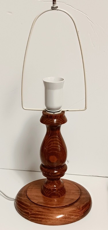 MCM Solid Oak 15.5" Base Lamp & Boho Rattan Faux Oak Panel 10" Lampshade Vtg gallery