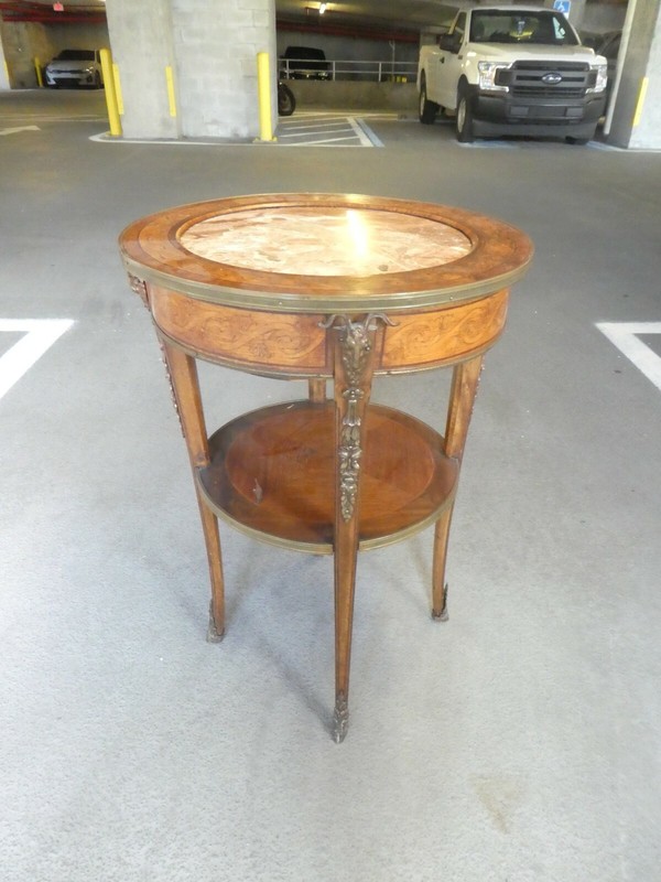 ANTIQUE FRENCH STYLE MARBLE TOP TABLE WITH RAMS HEADS AND MARBLE INSET TOP