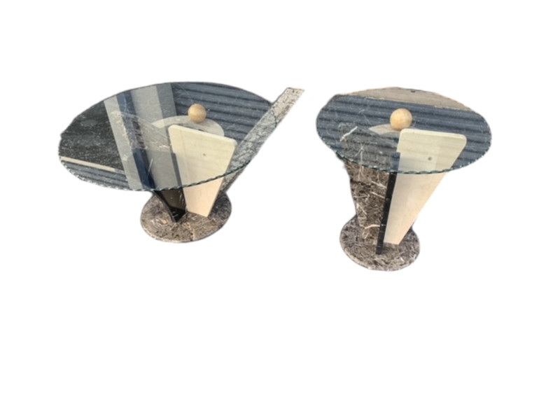 Postmodern Tessellated Marble and glass coffee and side table, 1980’s.