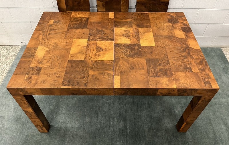 Paul Evans Mid-Century 105" Patchwork Burlwood Veneer Dining Table; 3 Leaves gallery