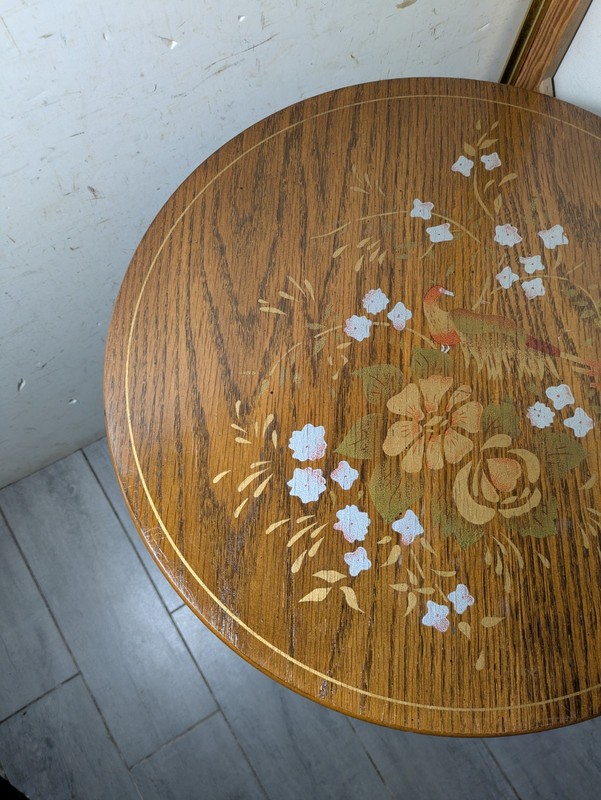 Vintage Oak Wood Round Tilt Top Pedestal Table Stenciled Rustic Country Cottage gallery