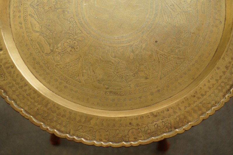 MID CENTURY MODERN MOROCCAN BRASS TRAY TABLE WITH TEAK FOLDING BASE gallery