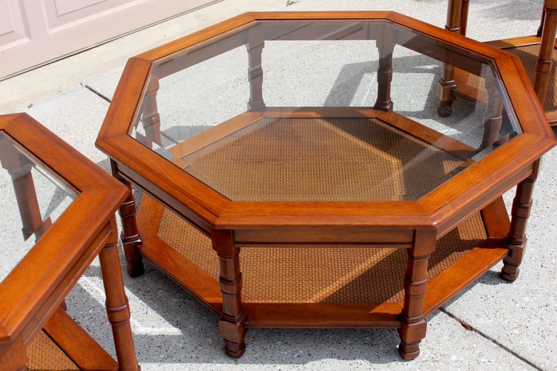 Mid-Century Modern Walnut Octagonal Glass Top & Cane Coffee Table + 2 Matching gallery