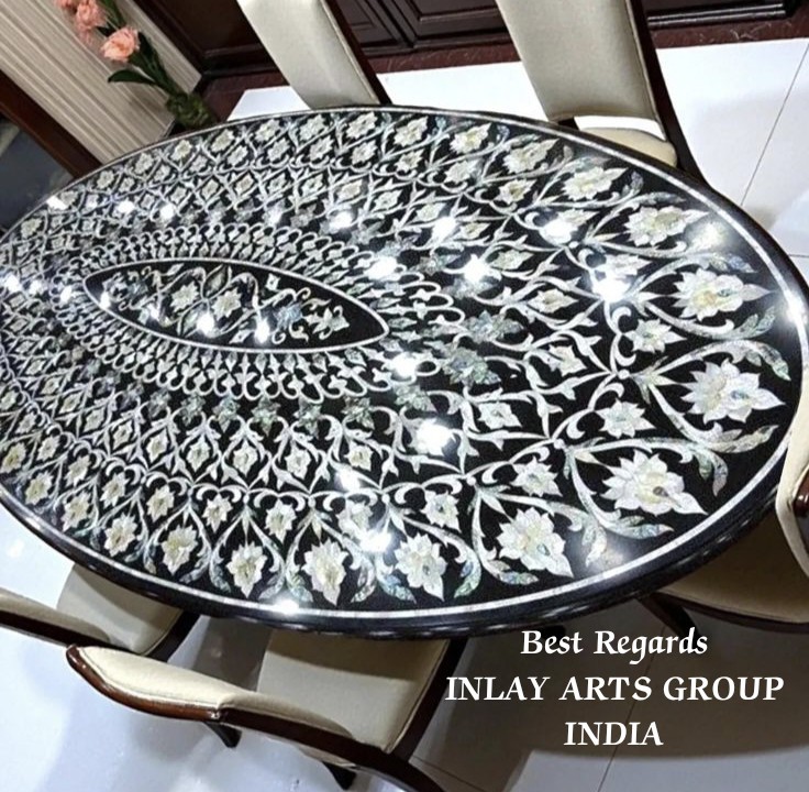Black Marble Oval Dining Table Top, Floral Pietra Dura Inlay, Indian Handicraft gallery