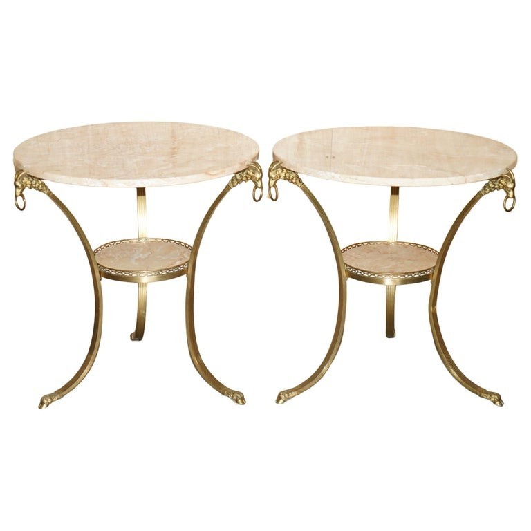 PAIR OF ANTIQUE FRENCH LOUIS XVI BRASS RAMS HEAD GUERIDON MARBLE TOP TABLES