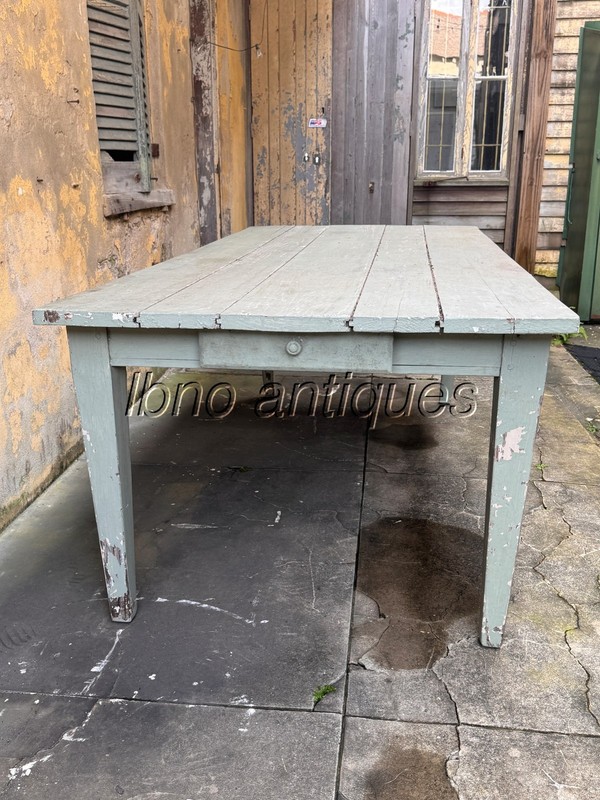 ANTIQUE CHARMING FARM TABLE LIGHT GREEN . SOLID PINE , ONE DRAWER . 7FT LONG gallery