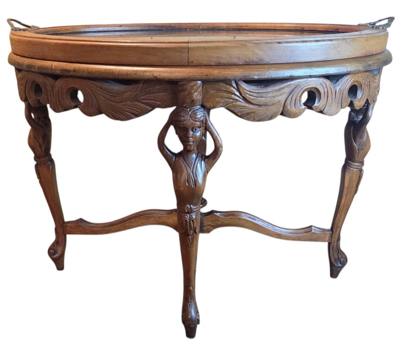 Antique French Renaissance Oval Accent Table Carved Wood Figural Maidens Glass gallery
