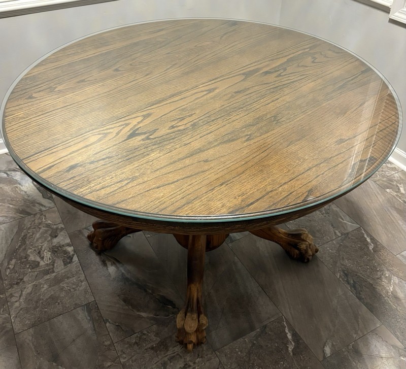 Antique Round Oak Table – Lion’s Claw Feet Legs Expandable – Damaged –
