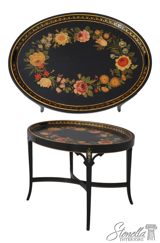 L72113: Vintage Black Lacquer Toleware Tray Top End Table