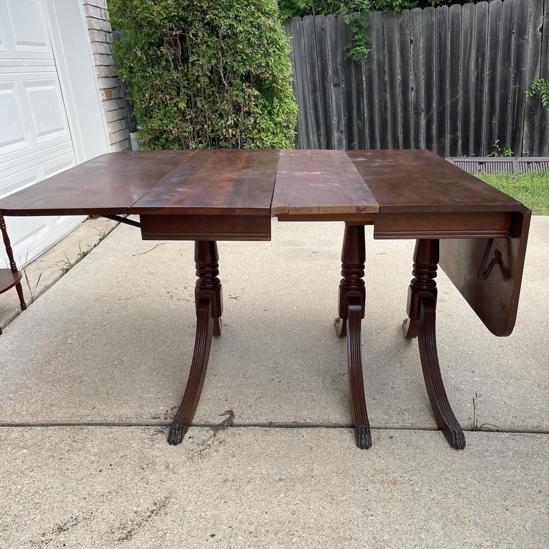 Vintage Duncan Phyfe Triple Pedestal Mahogany Drop-Leaf Dining Table & 4 Leaves gallery