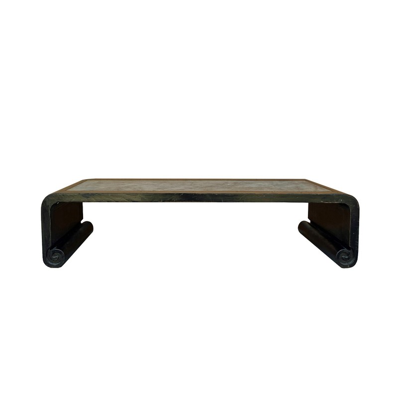 Distressed Black Lacquer Stone Top Scroll Legs Rectangular Coffee Table cs7287