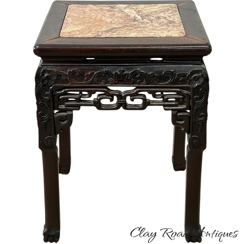 Antique Chinese rosewood victorian rose marble top plant stand pedestal ornate gallery